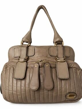 Authentic Chloé Quilted Bay Satchel Top Handle Bag Taupe/COA